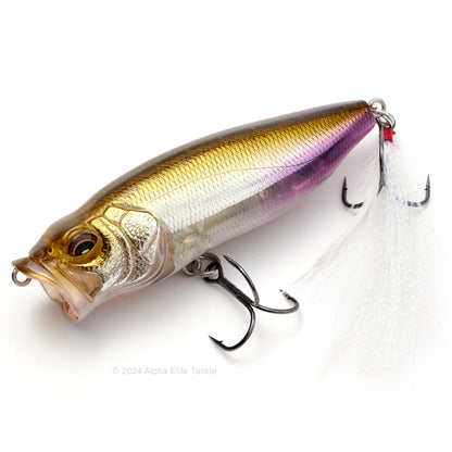 Close up of the Megabass Popmax Topwater Popper in the color HT Ito Wakasagi on a white background