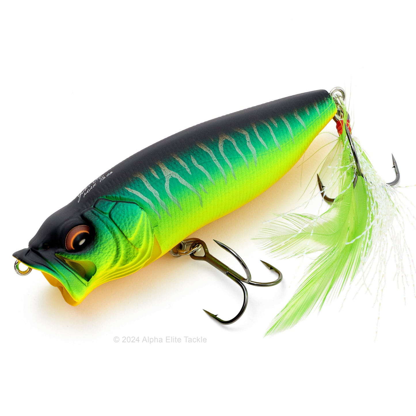 Close up of the Megabass Popmax Topwater Popper in the color Mat Tiger on a white background