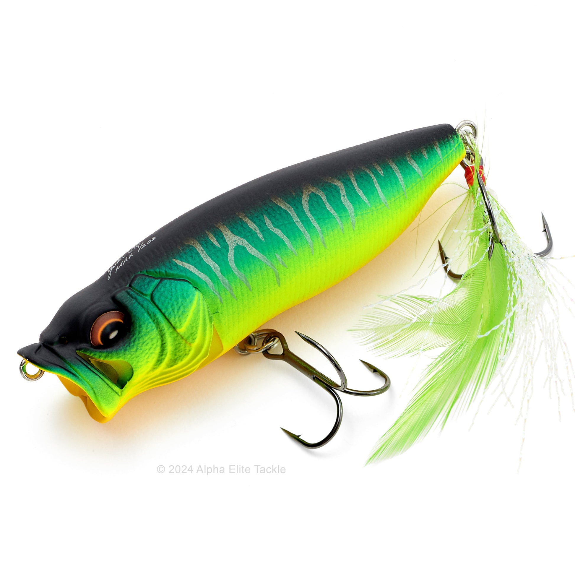 Close up of the Megabass Popmax Topwater Popper in the color Mat Tiger on a white background