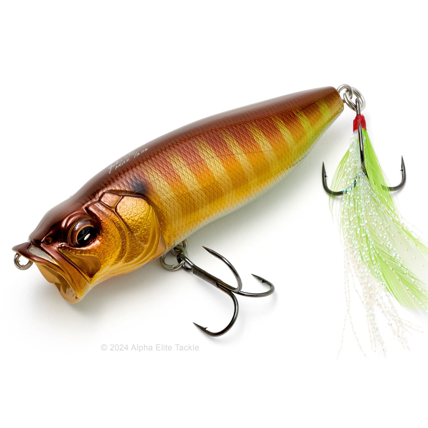 Close up of the Megabass Popmax Topwater Popper in the color PM Gill on a white background