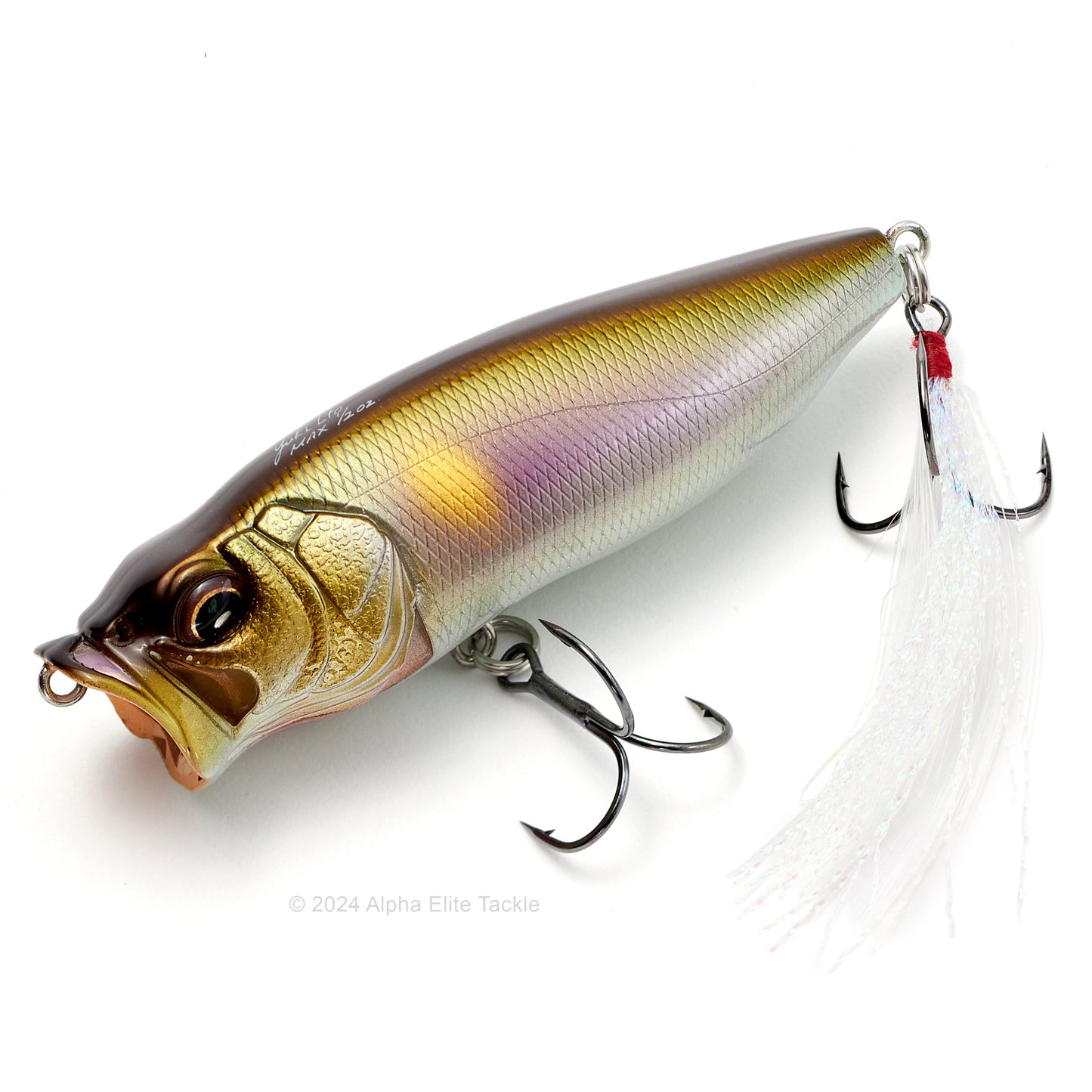 Close up of the Megabass Popmax Topwater Popper in the color PM Setsuki Ayu on a white background