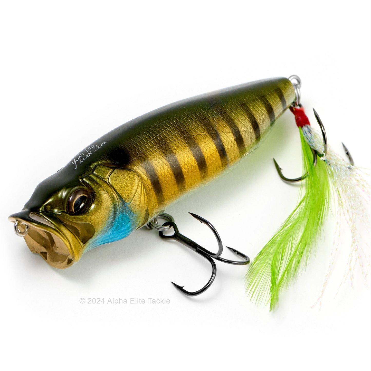 Close up of the Megabass Popmax Topwater Popper in the color PM Wild Gill on a white background