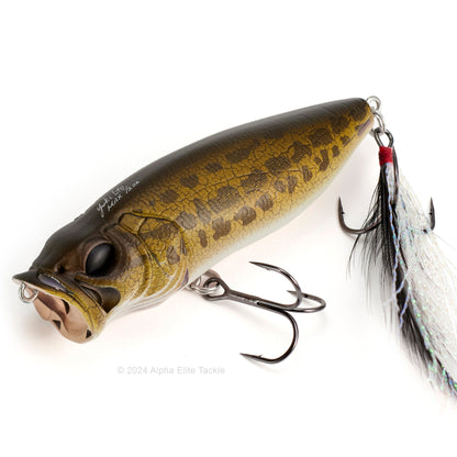 Close up of the Megabass Popmax Topwater Popper in the color Pagani Raigyo on a white background