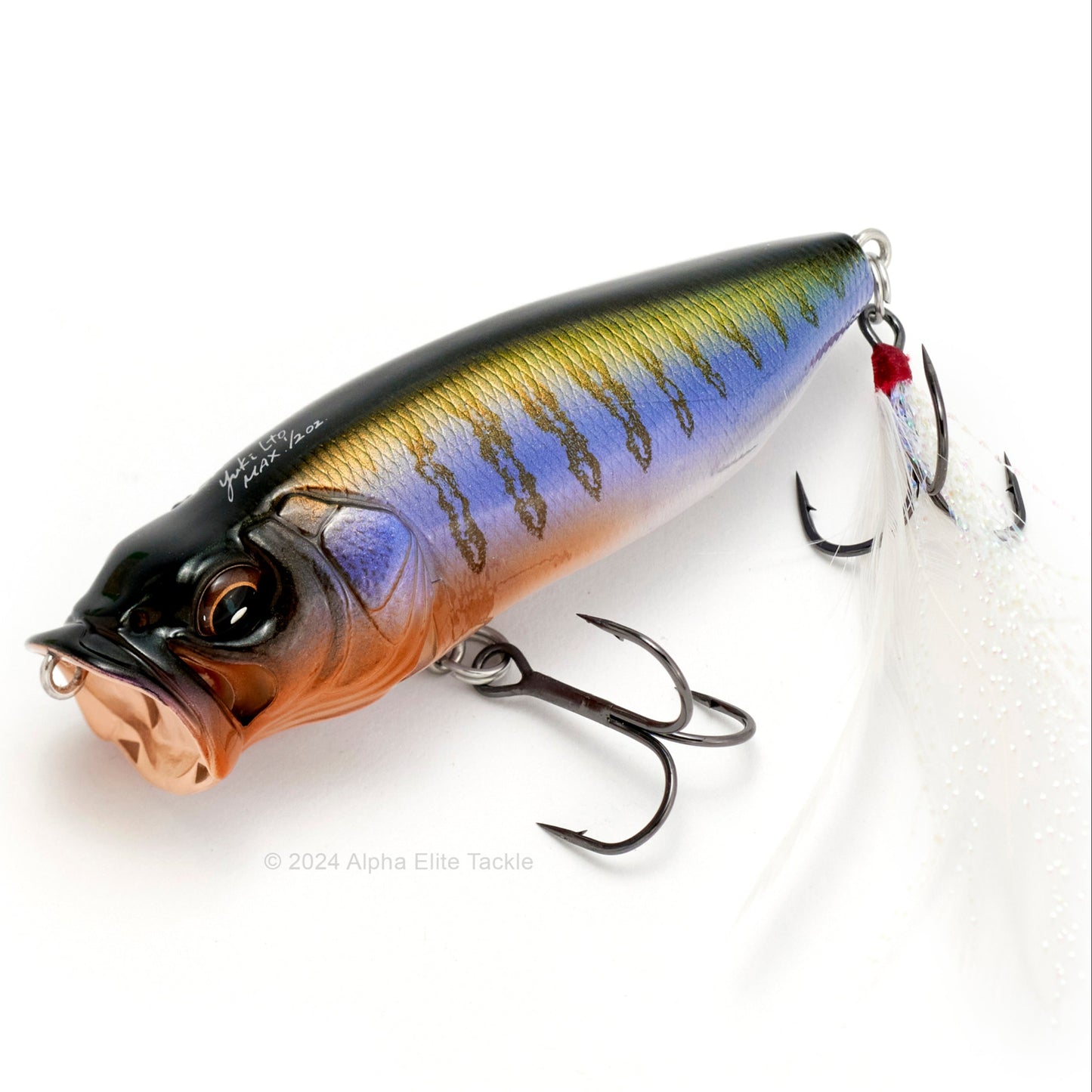 Close up of the Megabass Popmax Topwater Popper in the color Secret Gill on a white background