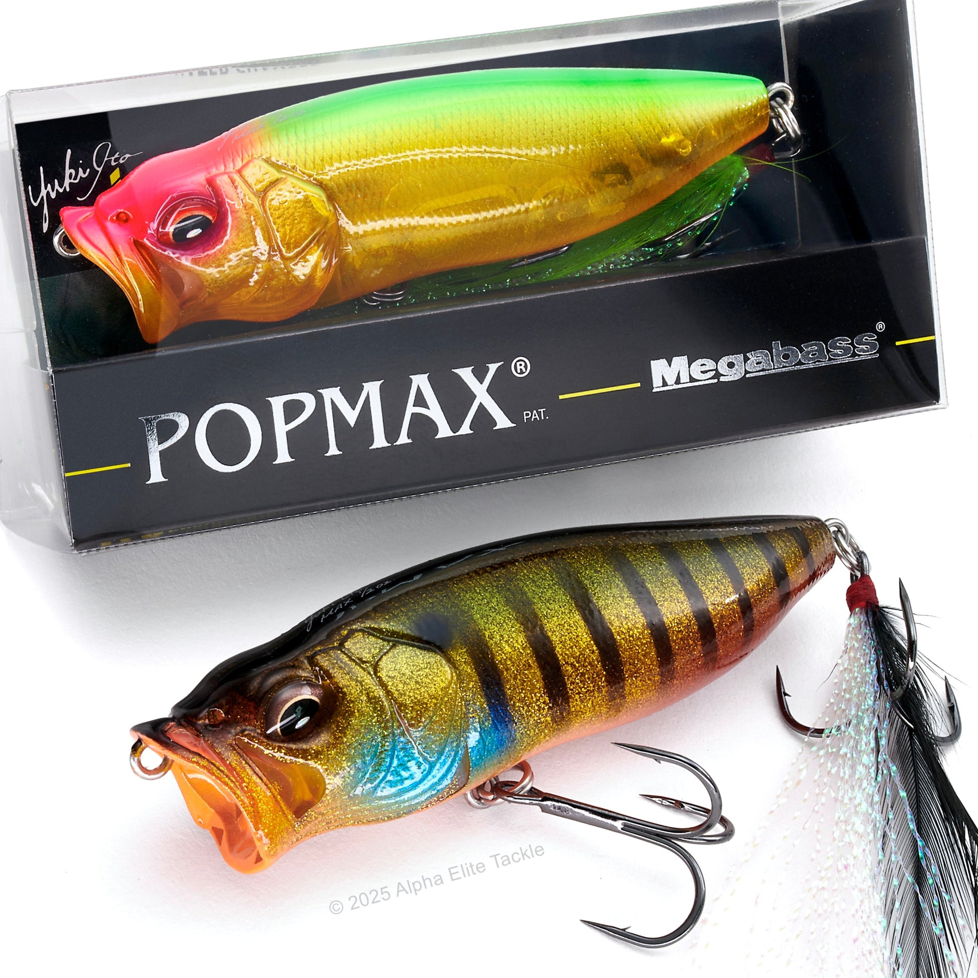 Close up of two Megabass Popmax Topwater Poppers with one in it's packaging on a white background