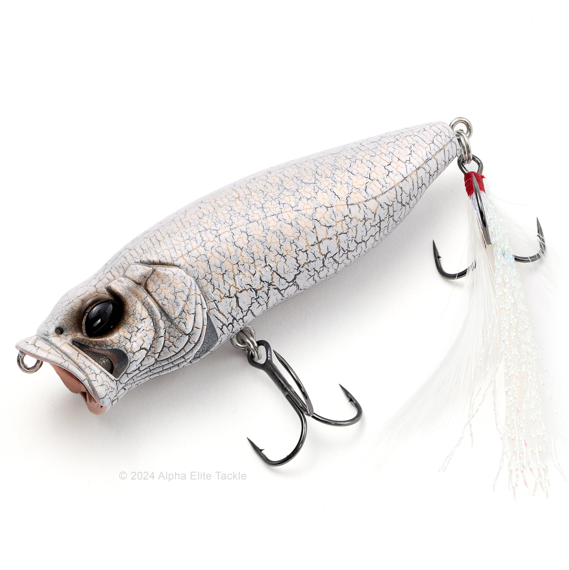 Close up of the Megabass Popmax Topwater Popper in the color White Python on a white background