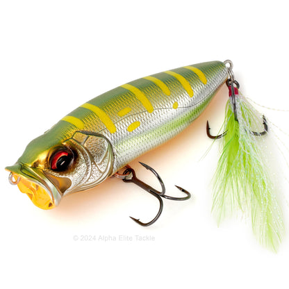 Close up of the Megabass Popmax Topwater Popper in the color YMC on a white background