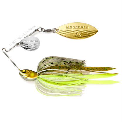 Close up of the Megabass SV3 SR Slow Roller Spinnerbait fishing lure in the color Ayu on a white background
