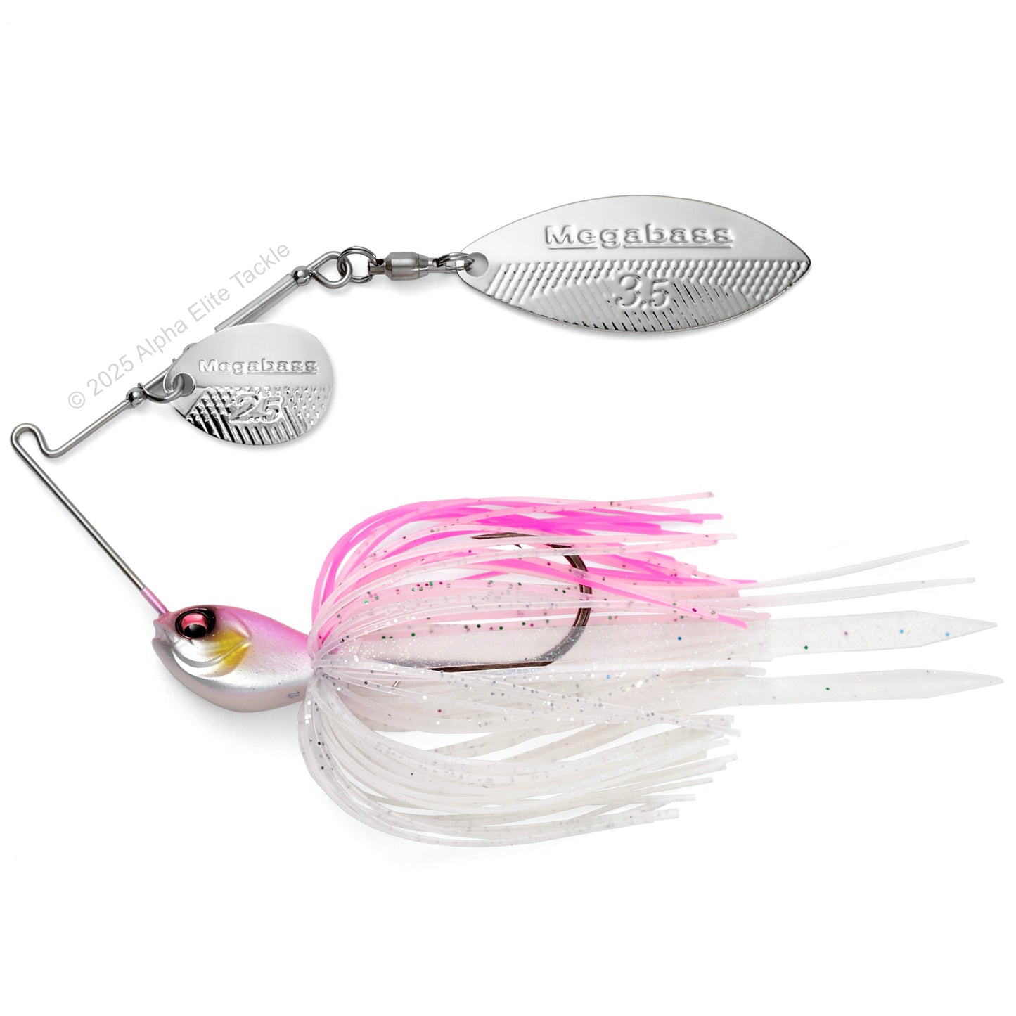 Close up of the Megabass SV3 SR Slow Roller Spinnerbait fishing lure in the color Cotton Candy on a white background