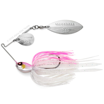 Close up of the Megabass SV3 SR Slow Roller Spinnerbait fishing lure in the color Cotton Candy on a white background