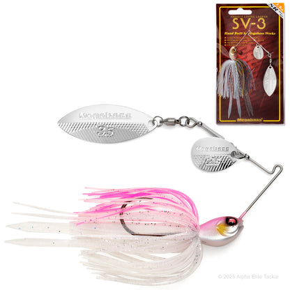 Close up of a megabass SV3 Slow Rolling Spinnerbait both out of package and in a package on a white background