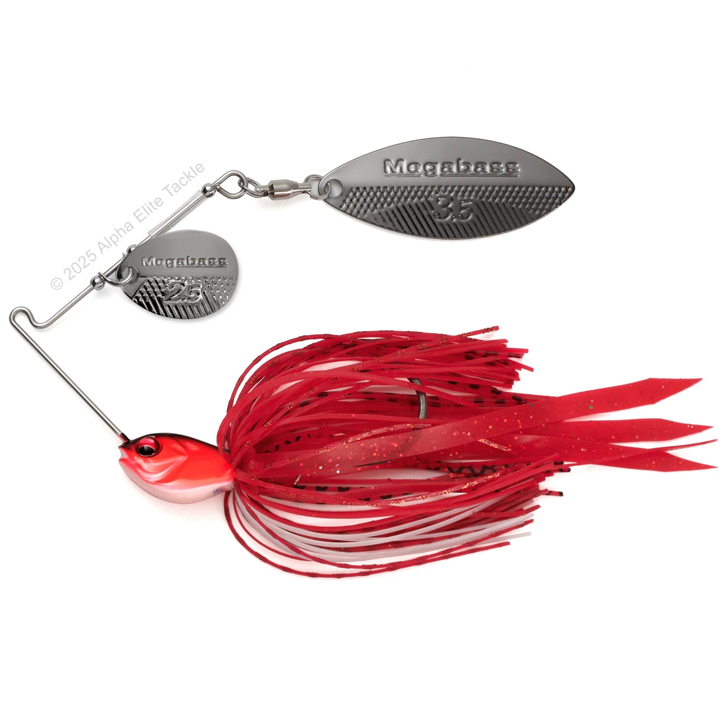 Close up of the Megabass SV3 SR Slow Roller Spinnerbait fishing lure in the color Fire Red on a white background