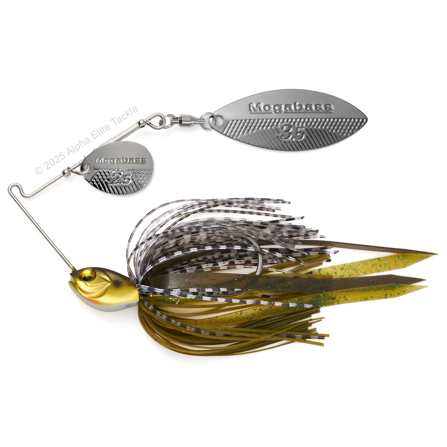 Close up of the Megabass SV3 SR Slow Roller Spinnerbait fishing lure in the color Gill on a white background