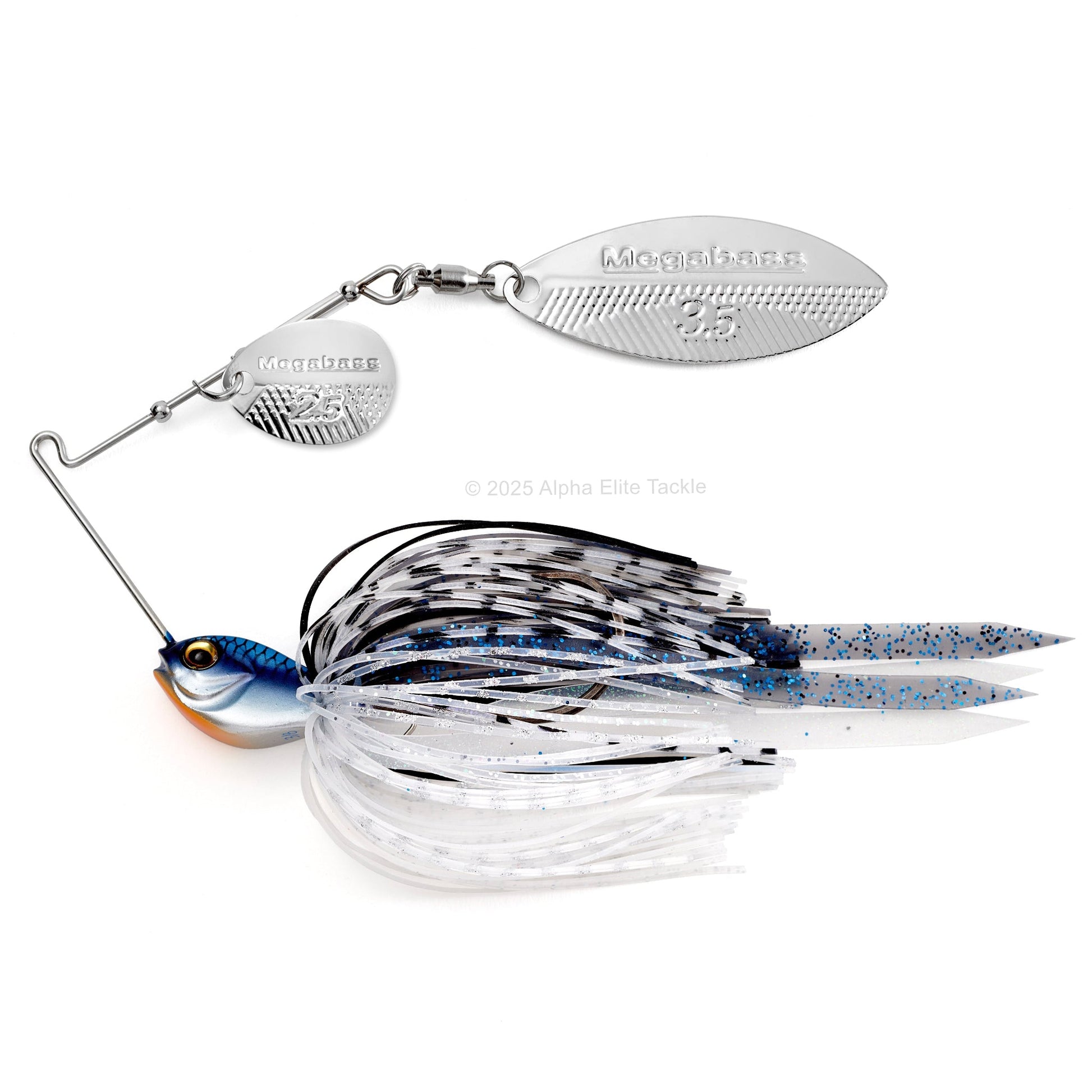 Close up of the Megabass SV3 SR Slow Roller Spinnerbait fishing lure in the color Hasu on a white background