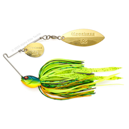 Close up of the Megabass SV3 SR Slow Roller Spinnerbait fishing lure in the color Hot Tiger on a white background