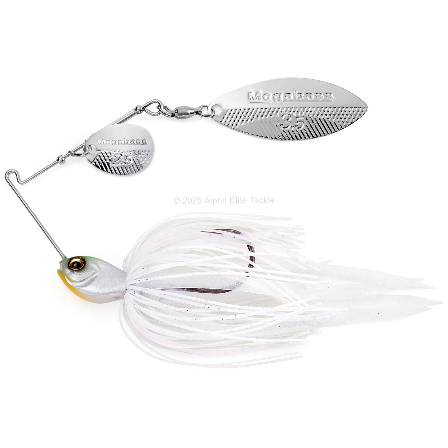 Close up of the Megabass SV3 SR Slow Roller Spinnerbait fishing lure in the color Pearl Shad on a white background