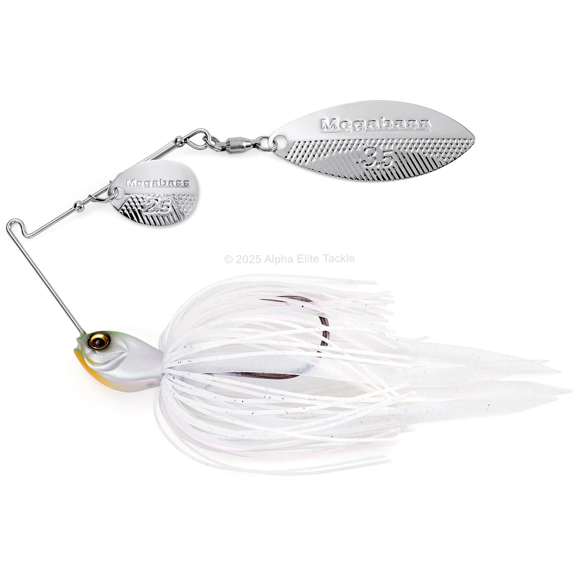 Close up of the Megabass SV3 SR Slow Roller Spinnerbait fishing lure in the color Pearl Shad on a white background