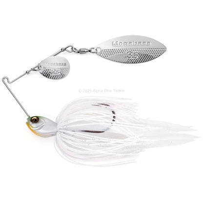 Close up of the Megabass SV3 SR Slow Roller Spinnerbait fishing lure in the color Pearl Shad on a white background