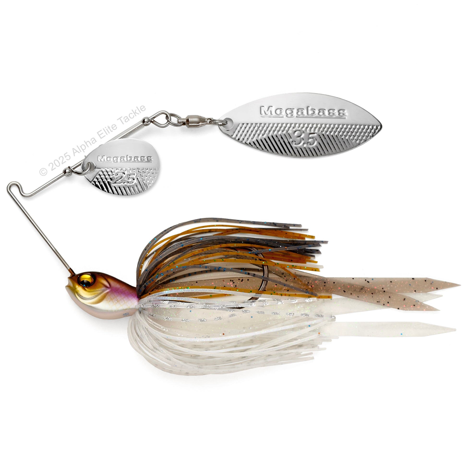 Close up of the Megabass SV3 SR Slow Roller Spinnerbait fishing lure in the color Wakasagi on a white background