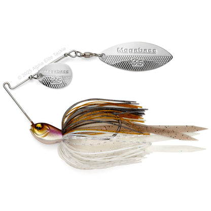 Close up of the Megabass SV3 SR Slow Roller Spinnerbait fishing lure in the color Wakasagi on a white background