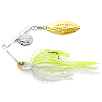 Close up of the Megabass SV3 SR Slow Roller Spinnerbait fishing lure in the color White Chart on a white background