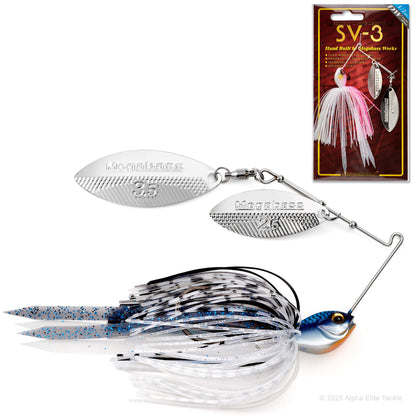 Close up of the Megabass SV3 Spinnerbait out of package and one in it's packaging on a white background