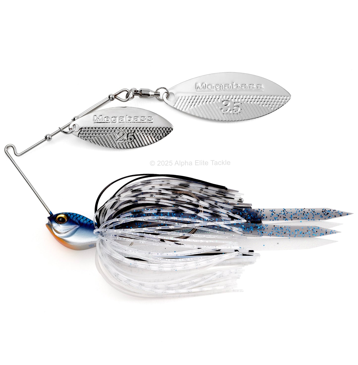 Close up of the Megabass SV3 Spinnerbait in the color Hasu on a white background