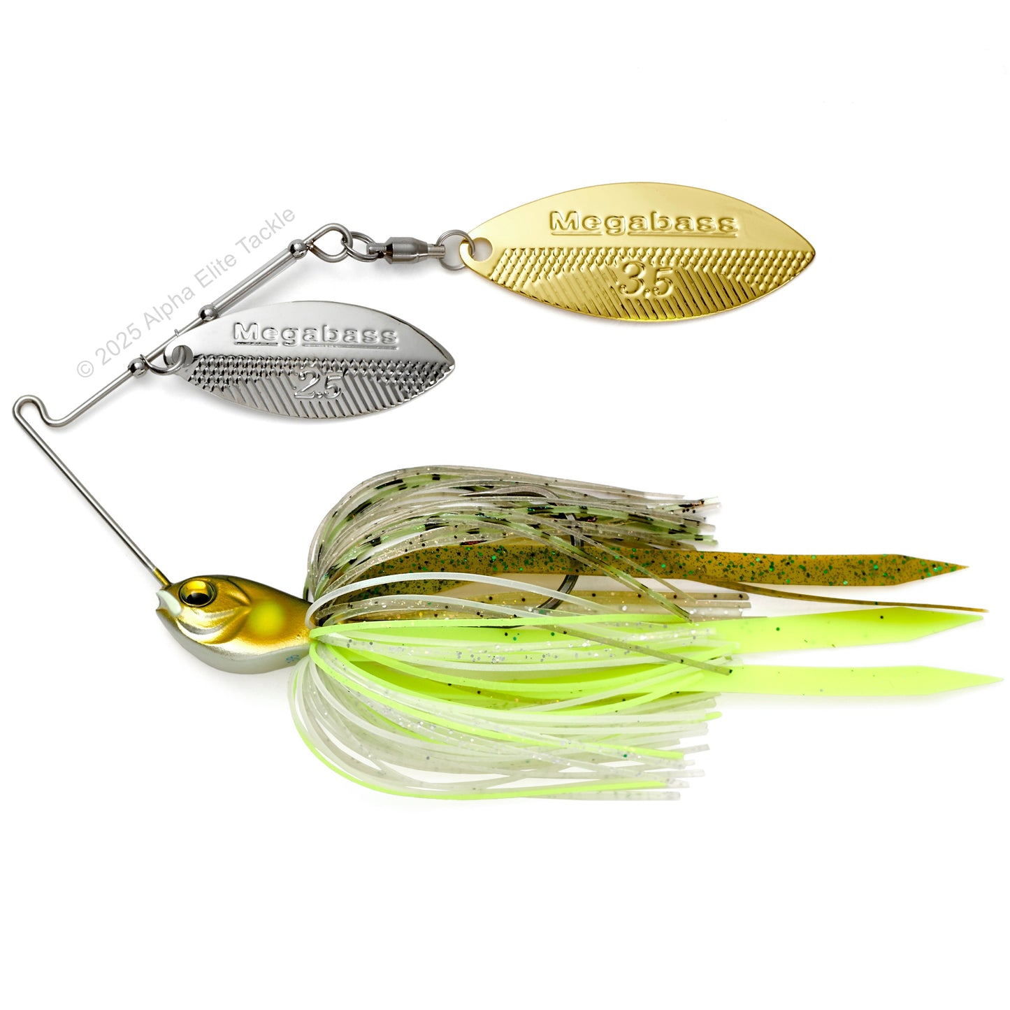 Close up of the Megabass SV3 Spinnerbait in the color ayu on a white background