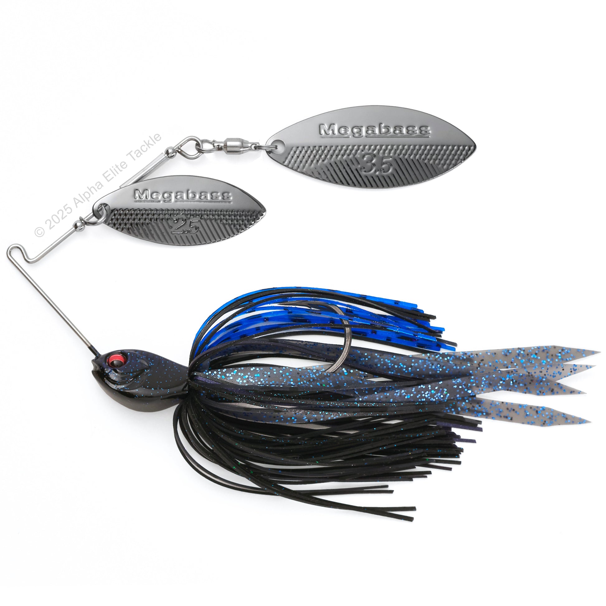 Close up of the Megabass SV3 Spinnerbait in the color blue black on a white background