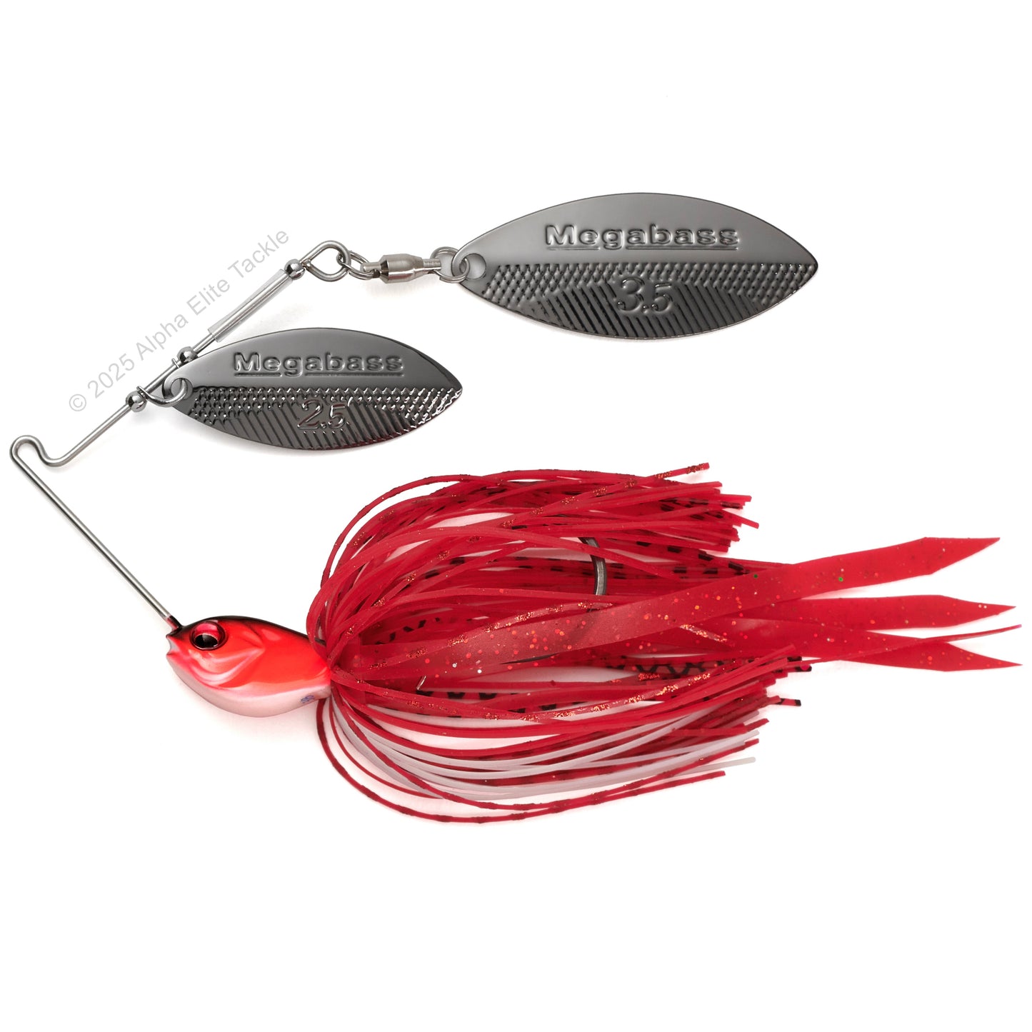 Close up of the Megabass SV3 Spinnerbait in the color fire red on a white background