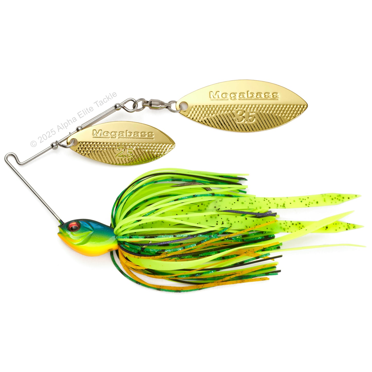 Close up of the Megabass SV3 Spinnerbait in the color hot tiger on a white background