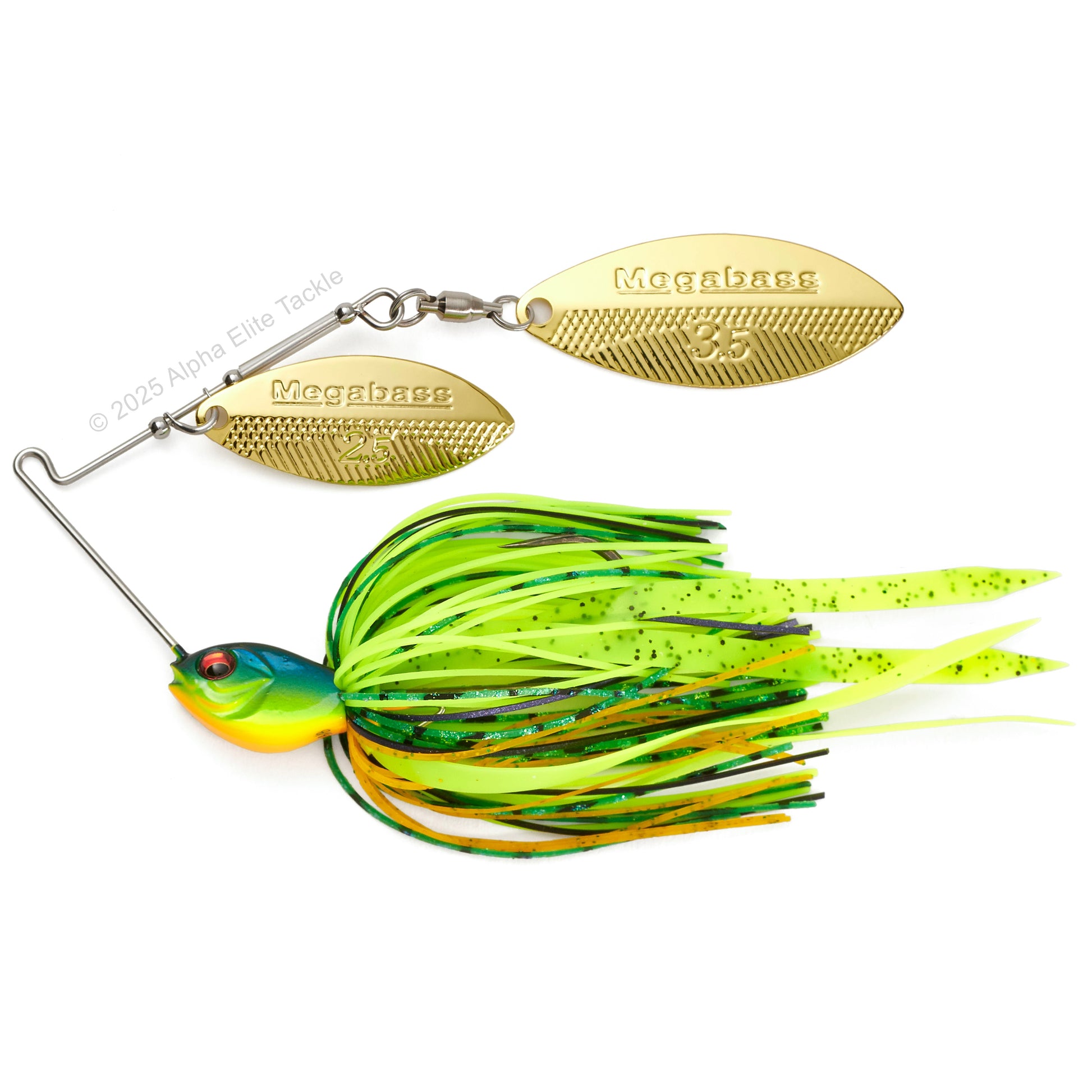 Close up of the Megabass SV3 Spinnerbait in the color hot tiger on a white background