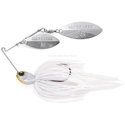 Close up of the Megabass SV3 Spinnerbait in the color pearl shad on a white background