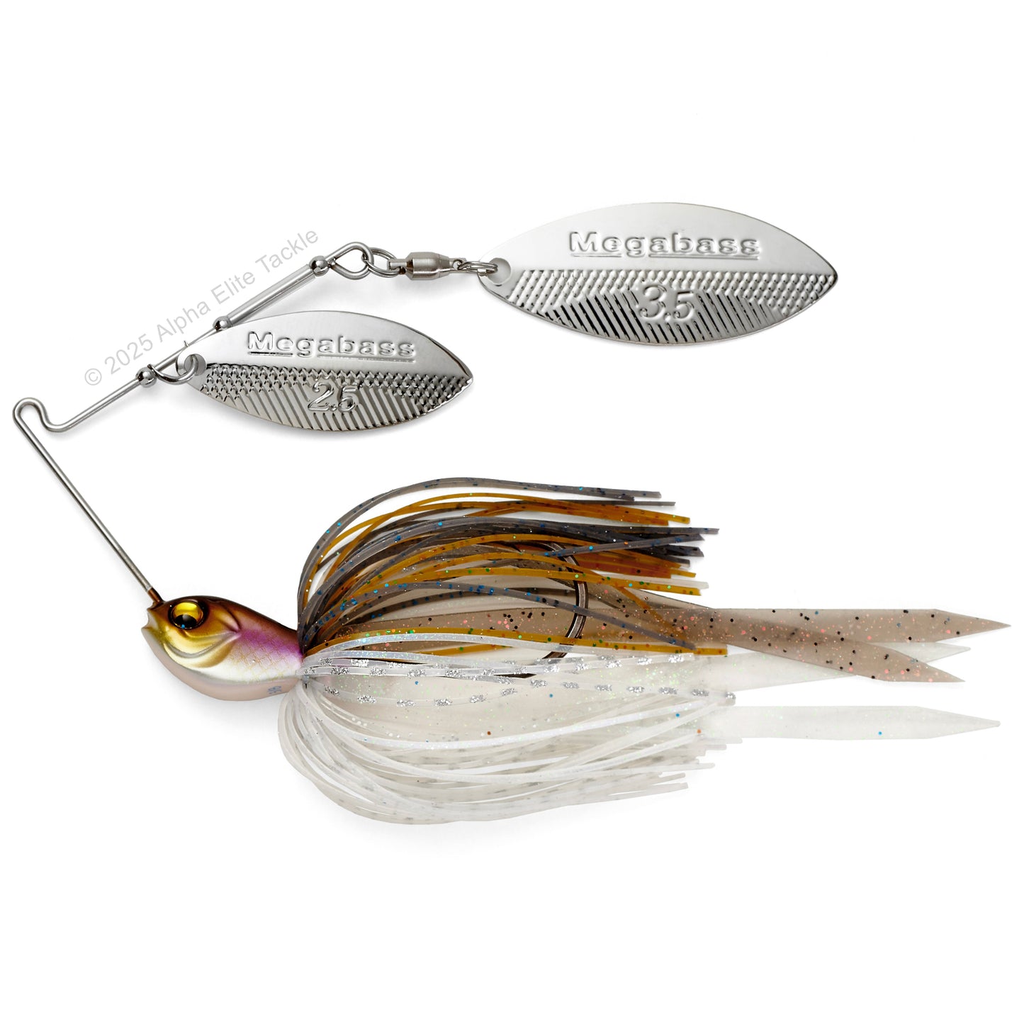 Close up of the Megabass SV3 Spinnerbait in the color wakasagi on a white background