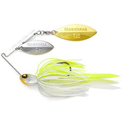 Close up of the Megabass SV3 Spinnerbait in the color white chart on a white background