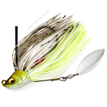 Close up of one Megabass Uoze Swimmer Underspin Swim Jig in the color Ayuon a white background.