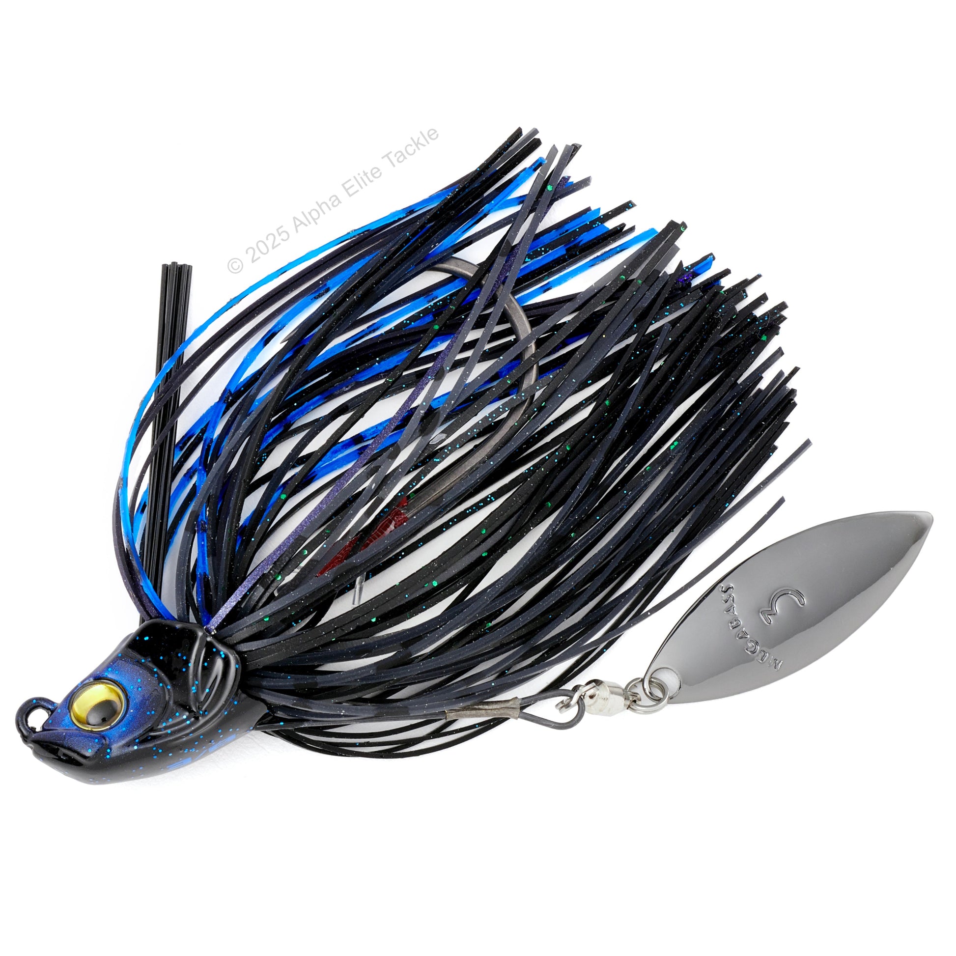 Close up of one Megabass Uoze Swimmer Underspin Swim Jig in the color Black Blue on a white background.