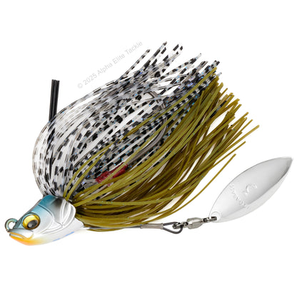 Close up of one Megabass Uoze Swimmer Underspin Swim Jig in the color Gill on a white background.