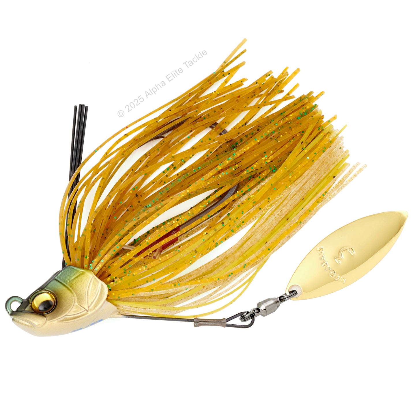 Close up of one Megabass Uoze Swimmer Underspin Swim Jig in the color Golden Shiner on a white background.