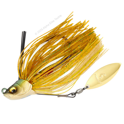 Close up of one Megabass Uoze Swimmer Underspin Swim Jig in the color Golden Shiner on a white background.