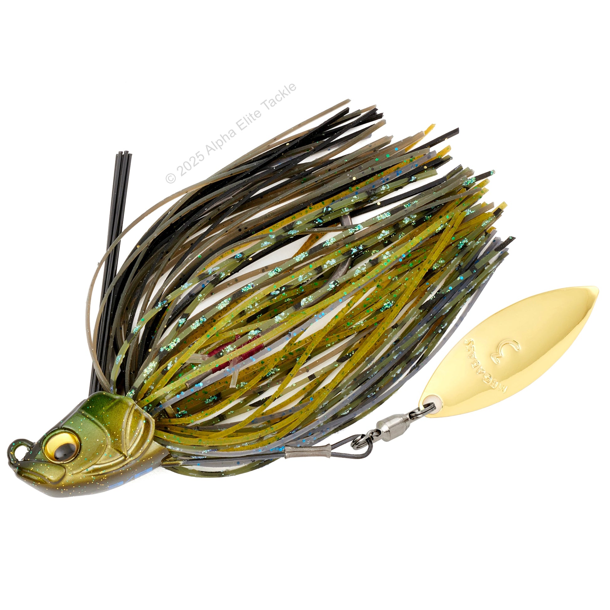 Close up of one Megabass Uoze Swimmer Underspin Swim Jig in the color Gripan on a white background.