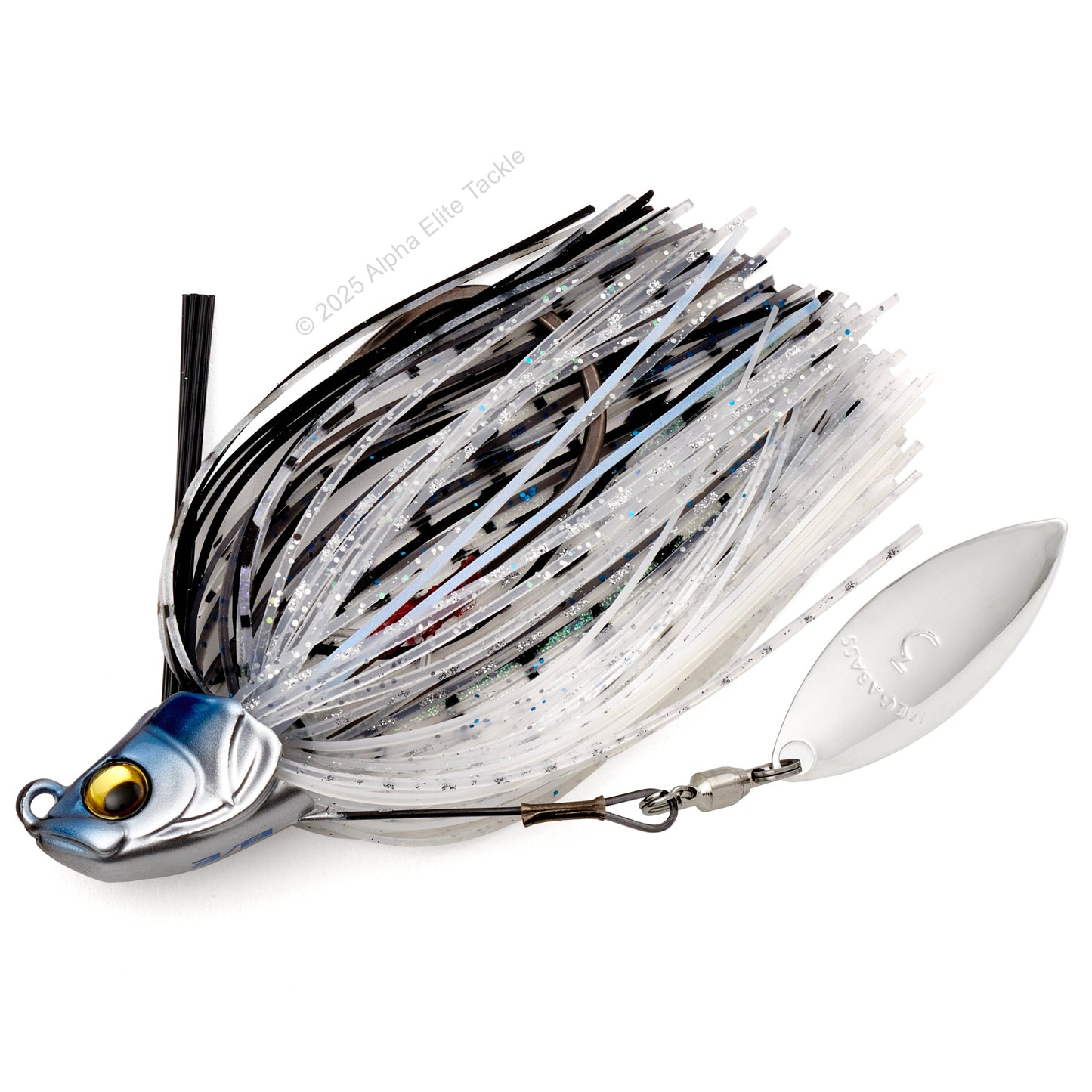 Close up of one Megabass Uoze Swimmer Underspin Swim Jig in the color Hasu on a white background.