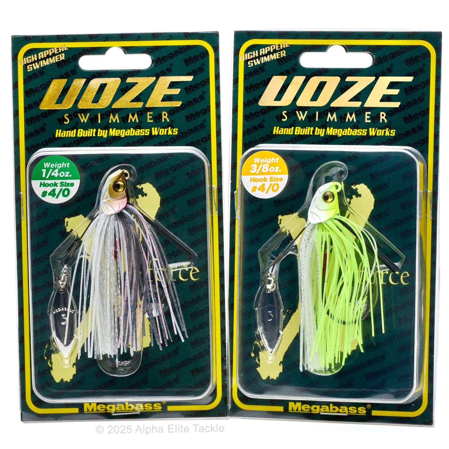 Close up of two packages of the Megabass Uoze Swimmer Underspin Swim Jig on a white background.