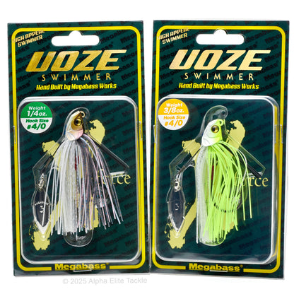 Close up of two packages of the Megabass Uoze Swimmer Underspin Swim Jig on a white background.