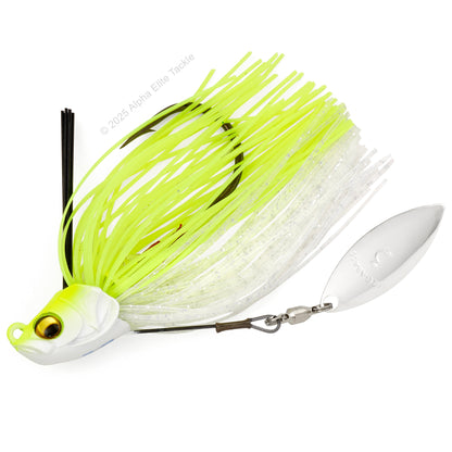 Close up of one Megabass Uoze Swimmer Underspin Swim Jig in the color Reaction Chart on a white background.