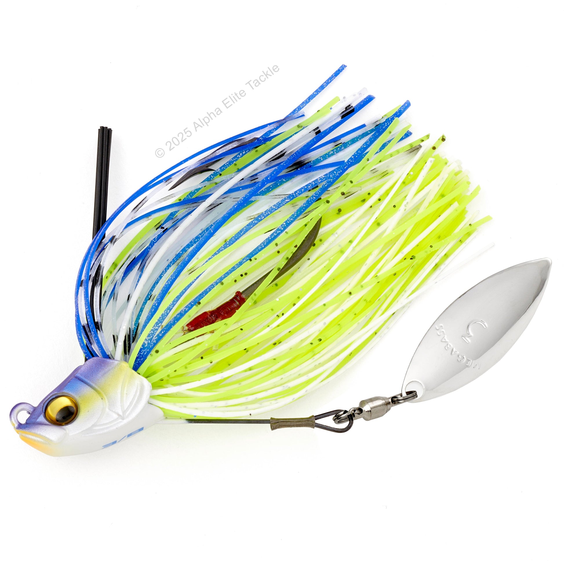 Close up of one Megabass Uoze Swimmer Underspin Swim Jig in the color Sexy Shad on a white background.