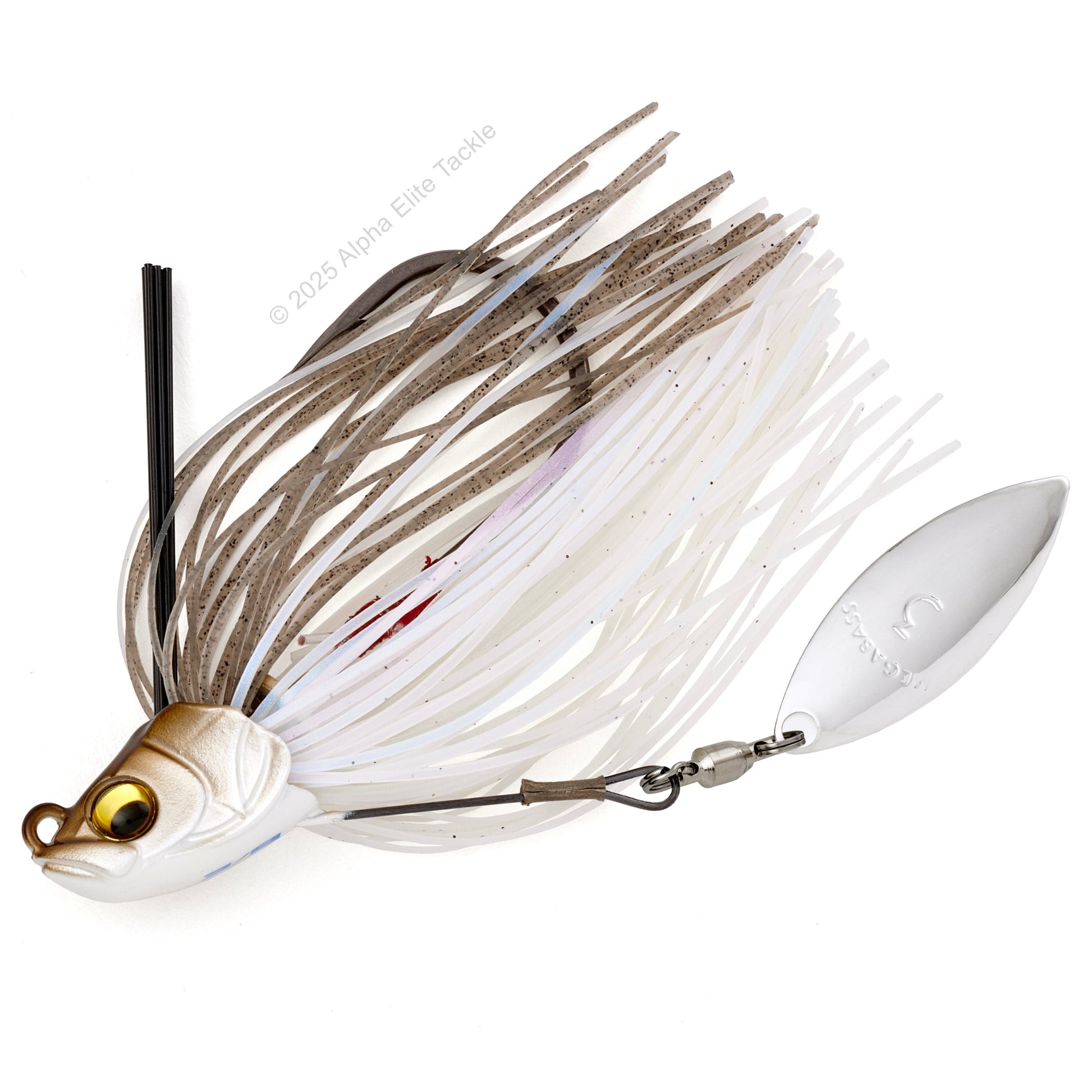 Close up of one Megabass Uoze Swimmer Underspin Swim Jig in the color Smoke Shad on a white background.