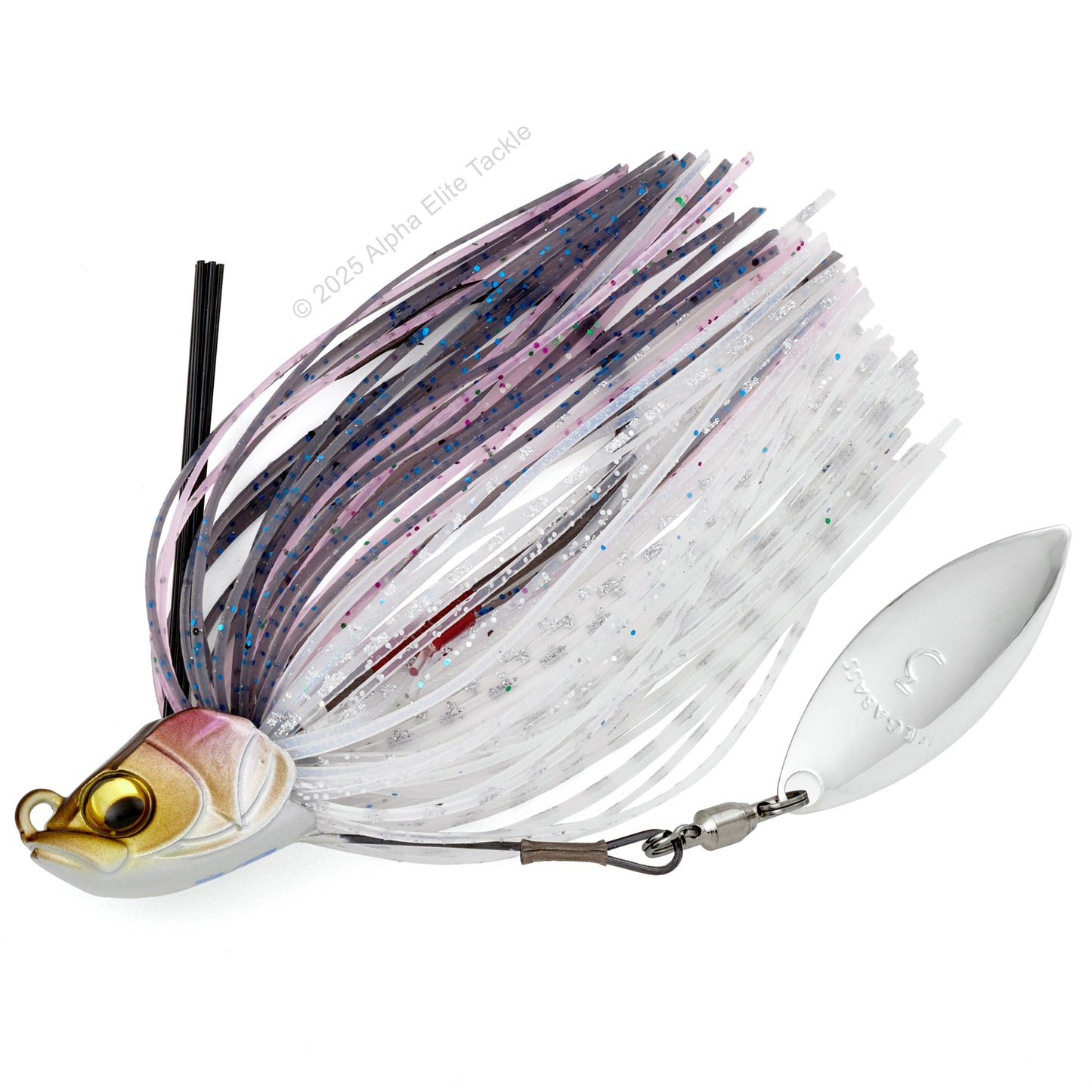 Close up of one Megabass Uoze Swimmer Underspin Swim Jig in the color Wakasagi on a white background.