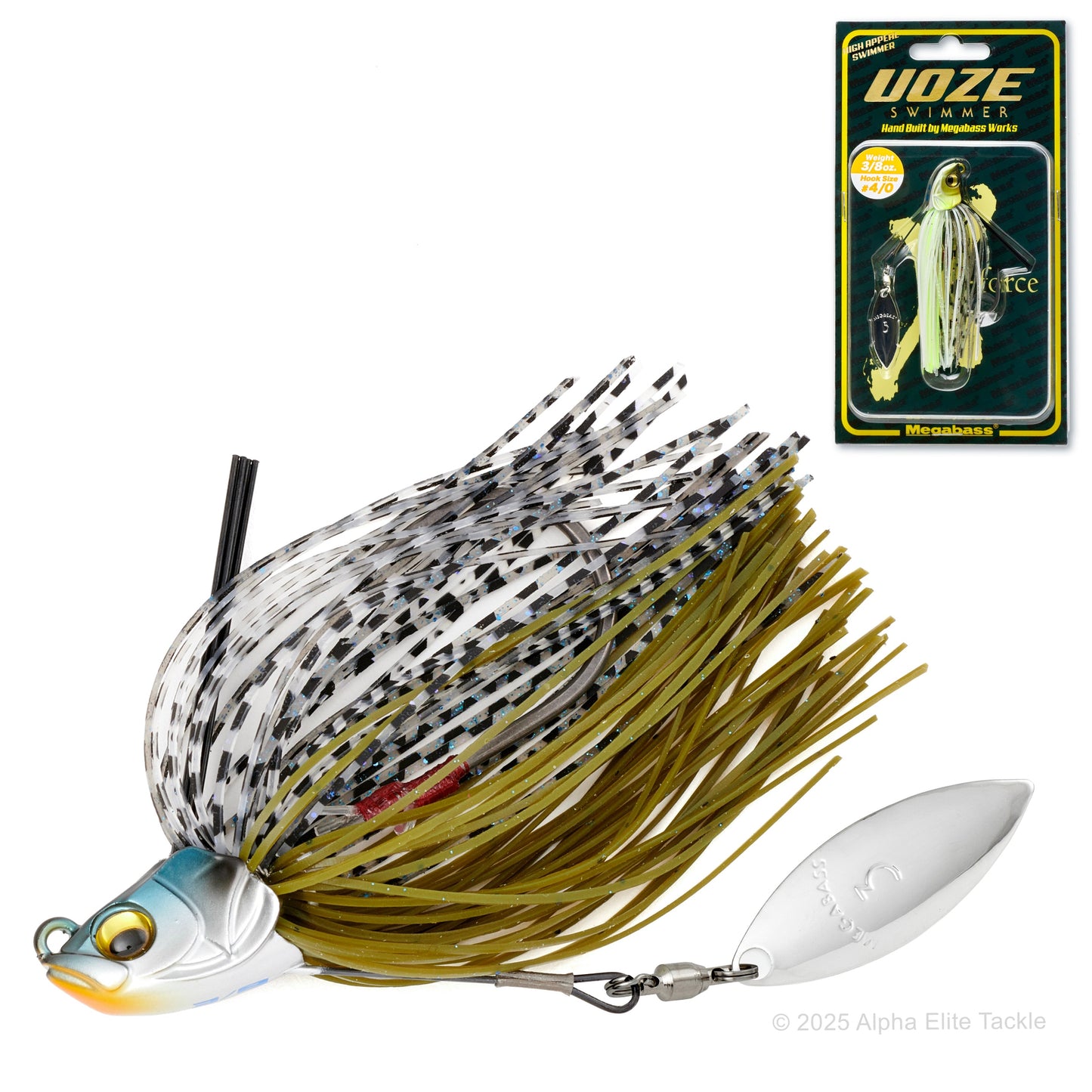 two megabass uoze swimmer swim jigs on a white background