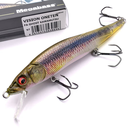 Megabass Ito Vision Oneten Jerkbait in the color FA Ghost Kawamutsu on a white background